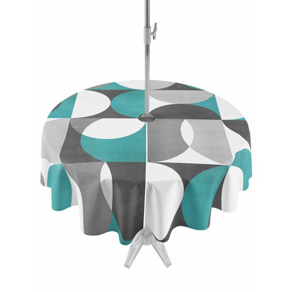 Outdoor Tablecloth with Umbrella Hole and Zipper, Mid Century Nordic Abstract Round Waterproof Table Cover 60in Washable Table Cloth for Patio Picnic Party Colorful Splicing Semicircle