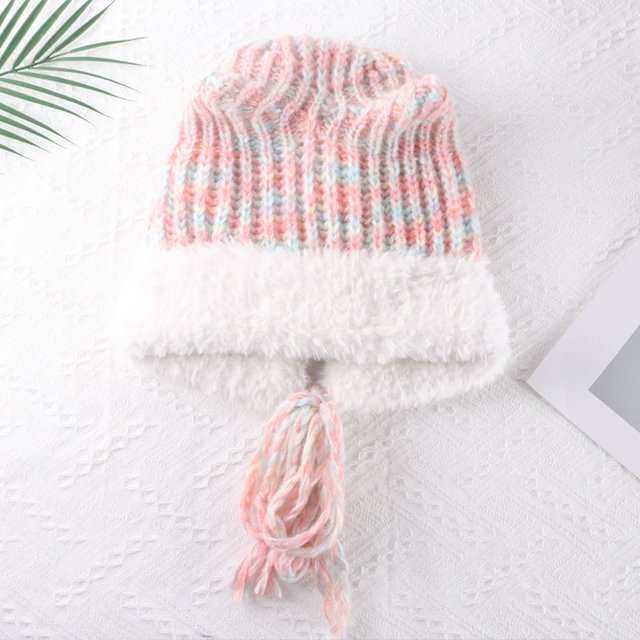 LinYooLi Autumn And Winter Lovely Ears Big Head Circumference Color Thick Rough Wool Female Warm Face, Face, Small Plush Contrasting Hat Knitted Hat