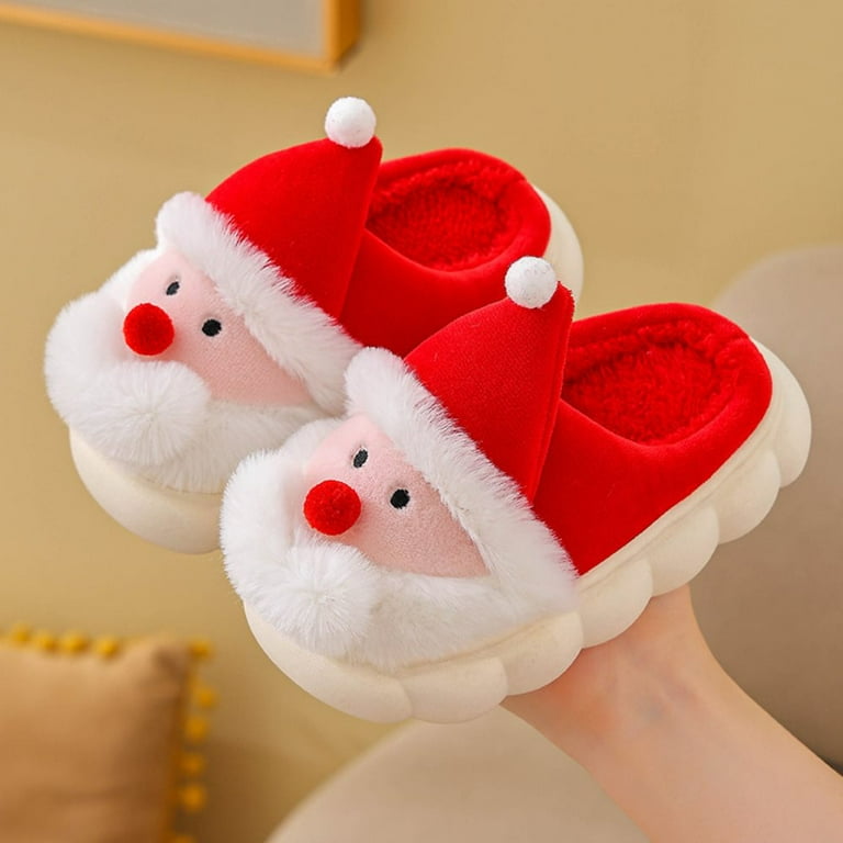 Kids Christmas Slippers Winter Warm Plush Slippers Slip-on Santa