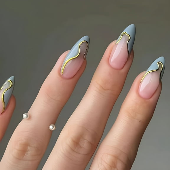 RAGUPEL Almond Press on Nails Medium Fake Nails Blue French Tip Stiletto Acrylic Nails with Gold Lines Design 24pcs Glossy