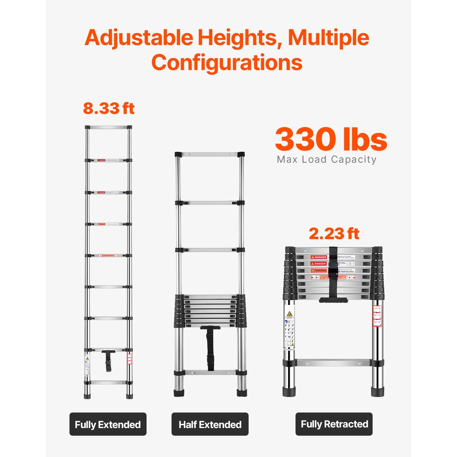 KFFKFF 8.5ft Telescoping Ladder, Stainless Steel Lightweight Extension Ladder with Multi-Button Retraction, 330LBS Load Capacity, Non-Slip Feet, Portable 9-Step Ladder for Home, RV, and Loft