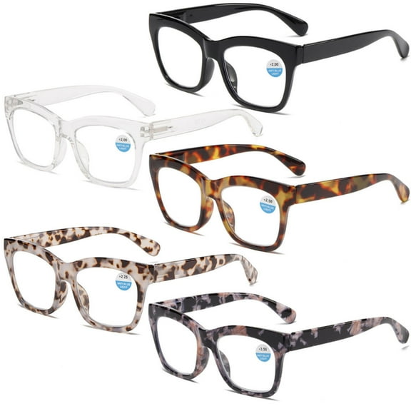 5 Pairs of Thick Oversize Square Reading Glasses for Women and Men, Blue Light Blocking Spring Hinge Readers