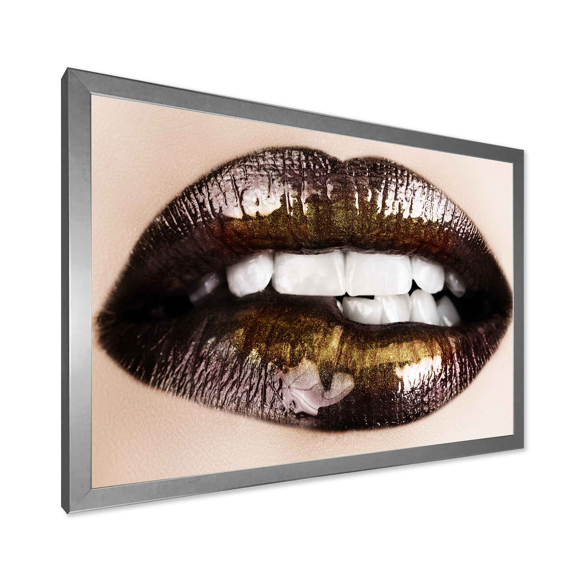 Designart 'Gold Black Lips Biting' Modern Framed Art Print
