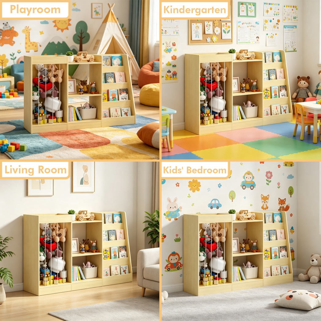 3-in-1 Kids Bookshelf and Toy Storage, 4-Tier Montessori Bookcase with Sling Stuffed Animal Organizer & 3-Tier Toy Shelf for Nursery, Playroom & Kindergarten, Natural
