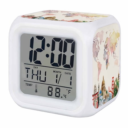 Alarm Clocks World Map Digital Clock 7 Color LED Night Light Silent Non-Ticking Battery Operated Famous Building Tourism Bridge Cube Clocks Decorative for Bedroom Bedside Living Room Office School