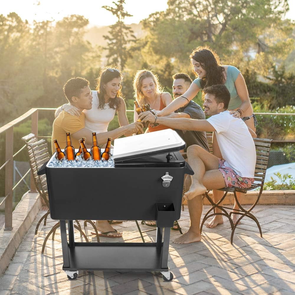 80 Quart Rolling Ice Chest, Portable Bar Drink Cooler with Catch Basin, Bottom Storage Tray and Bottle Opener for Patio Party BBQ Beach Activities