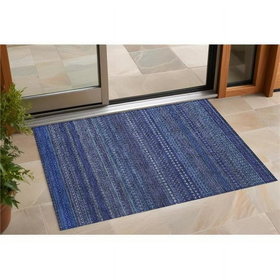 HomeRoots 560744 2 x 3 ft. Navy Blue Striped Washable Non Skid Indoor Outdoor Rectangle Machine Woven Area Rug