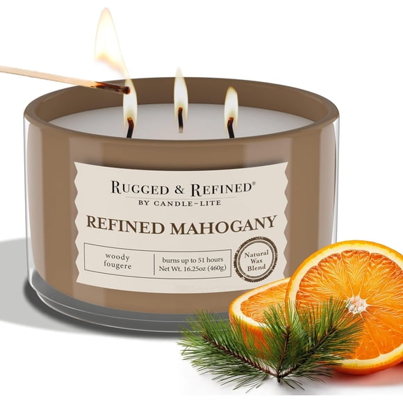 Candle-Lite Scented Candles for Men, Refined Mahogany Fragrance, 16.25 oz Jar, 3-Wick, 51 Hours of Burn Time, Masculine Aromatherapy with Long Lasting Scent, Ideal Gift for Father's Day and Home Decor