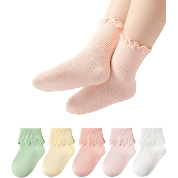 Toddler Girls Baby Ruffle Socks Cute Cotton White Turn Cuff Frilly Dress Little Girls Socks 12M-6Y