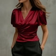 thumbnail image 2 of JGGSPWM Womens Satin Silk Blouse Dressy Casual Business Short Puff Sleeve Tops Summer V Neck Wrap Ruched Slim Fit Work Shirts Red XXL, 2 of 7