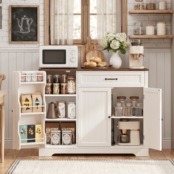 42’’ Coffee Bar Cabinet and Coffee Station, Noelse Sideboard Buffet with Storage Drawers, Small Pantry with Door Shelves for Kitchen Living Room, White and Rustic