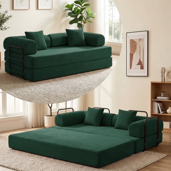 Puremind 78.7"W Convertible Folding Sofa Bed, Futon Sofa Bed, Corduroy Sleeper Sofa, Foldable Floor Couch for Living Room/Small Space, Green