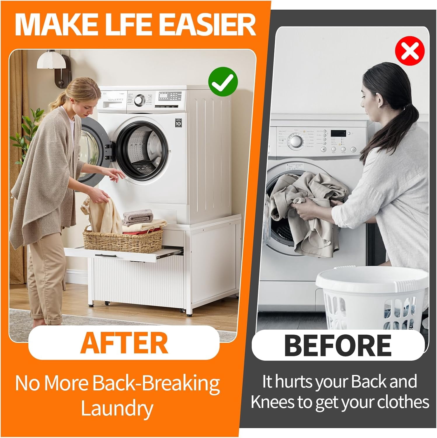 PAKASEPT Washer and Dryer Pedestals with Drawer, 29" Laundry Pedestal  for Washer and Dryer Stand, Heavy Duty Shock-Proof Washer Stand,with Pull-Out Shelf Hidden Storage Drainage,White