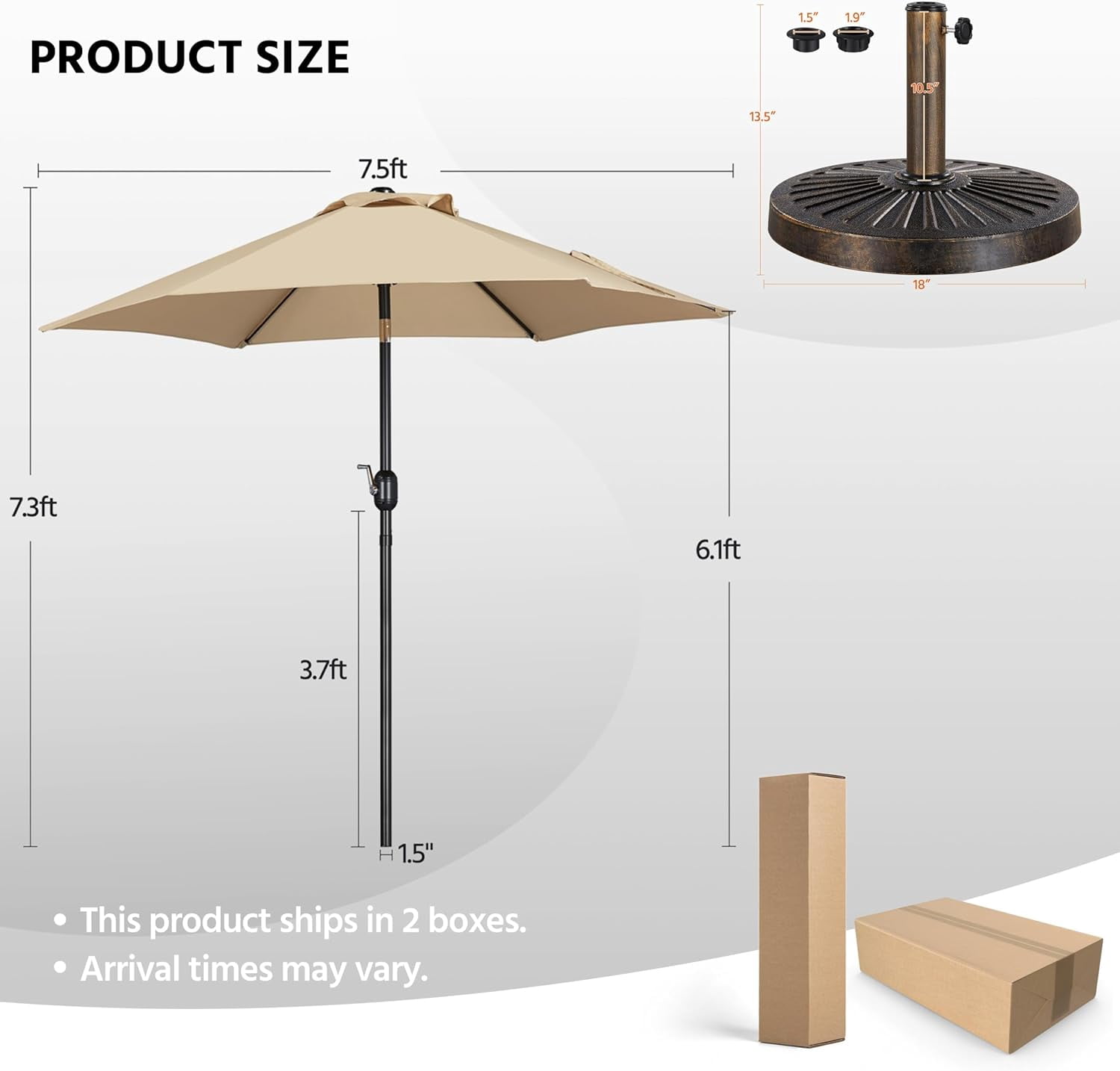 Librala Grace 7.5FT Patio Umbrella Outdoor with Heavy Duty Base Included,Table Umbrella with Push Button Tilt and Crank, UV Protection Waterproof for Yard/Outdoor/Wedding Parties and Events - Tan