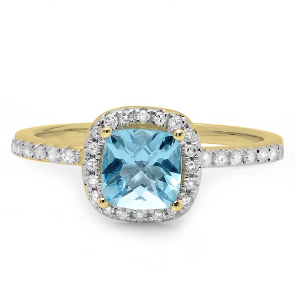 Dazzlingrock Collection 18K Cushion Cut Blue Topaz & Round Cut White Diamond Halo Engagement Ring, Yellow Gold, Size 7