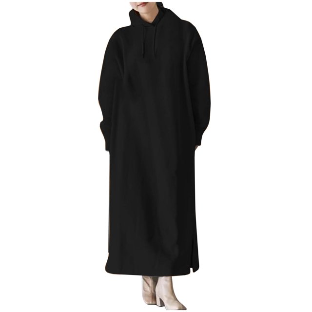cfhntfmh Robes Grande Taille pour Femmes à Manches Longues Chandails à Capuchon Doux Robe Chandail Chaude en Molleton Fluide Longue Robe Maxi