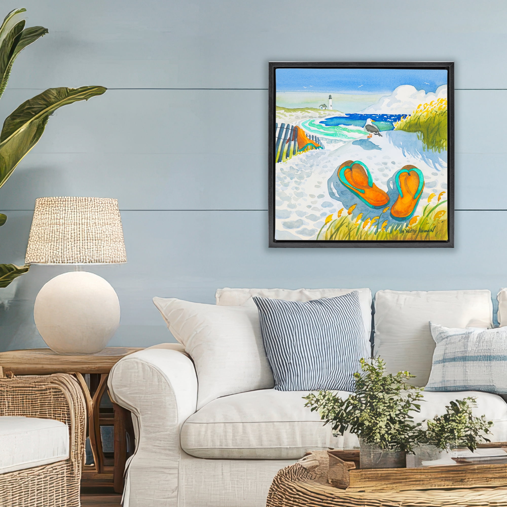 Stupell Industries Seagull & Flip Flops Black Framed Floater Canvas Wall Art, design by Robin Altman
