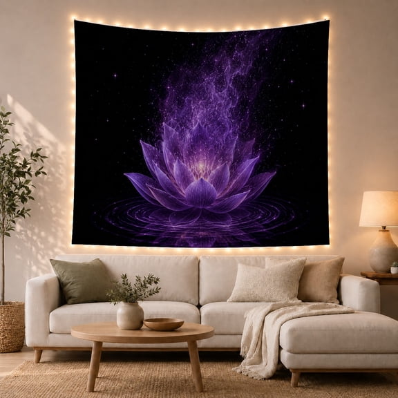 Luminous Purple Lotus in Starry Night Sky Mystical Celestial Art for Meditation Enthusiasts Ethereal Space Decor Housewarming Gift Tapestry Wall Hanging for Bedroom and Living Room
