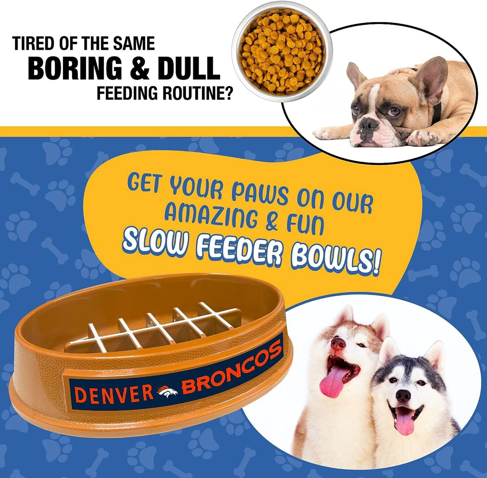 Pets First NFL Denver Broncos Super-Bowl Slow Feeder Bowl for Dogs and Cats, Football Design for Healthy Digestion, Non-Slip, for Large & Small Pet
