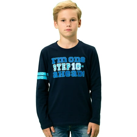 Leo&Lily Boys' Long Sleeve Crew-Neck Pullover T-Shirt Navy
