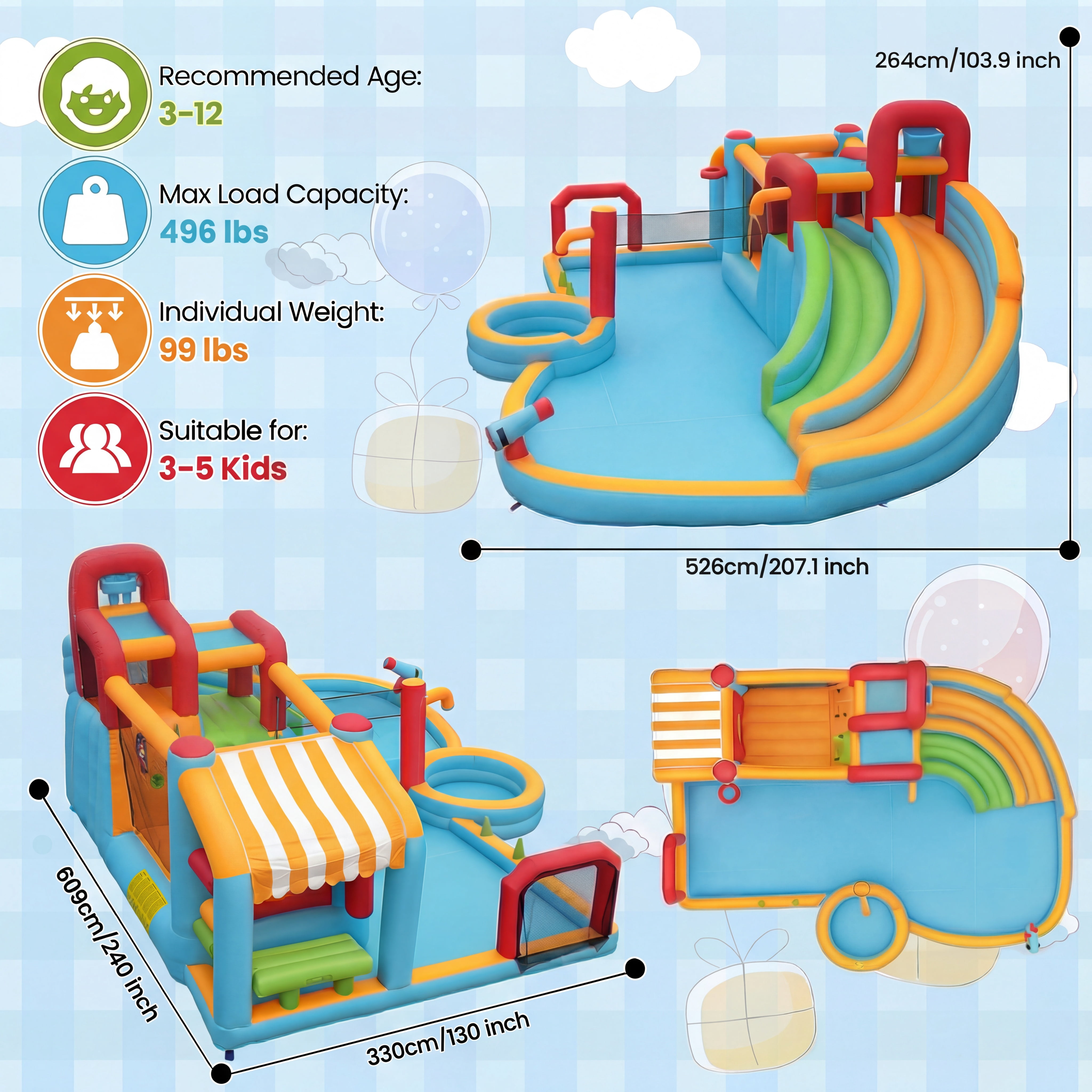 Adnoom 11in1 Inflatable Pool Water Slide for Big Kids 3~12, 21.6x17.2ft Giant Water Park, 2 Long Slide, Large Splash Pool&Deep Pool, 950w Blower, Backyard Bouncy Castle w/Jumping Area