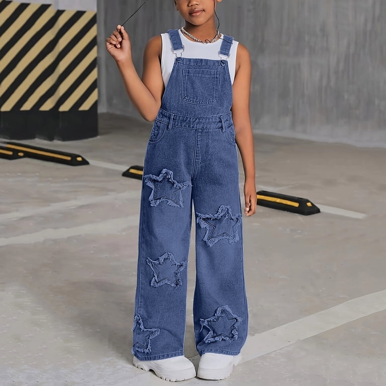 Sopiago Girls Denim Overalls Elastic Waistband Inside Washed