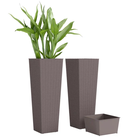Outsunny Set of 2 Tall Outdoor Planters, 32 Inch Brown Rattan-Style Flower Pots with Drainage Holes, UV-Resistant PP Plastic Pots for Patio, Garden, Balcony and Entryway