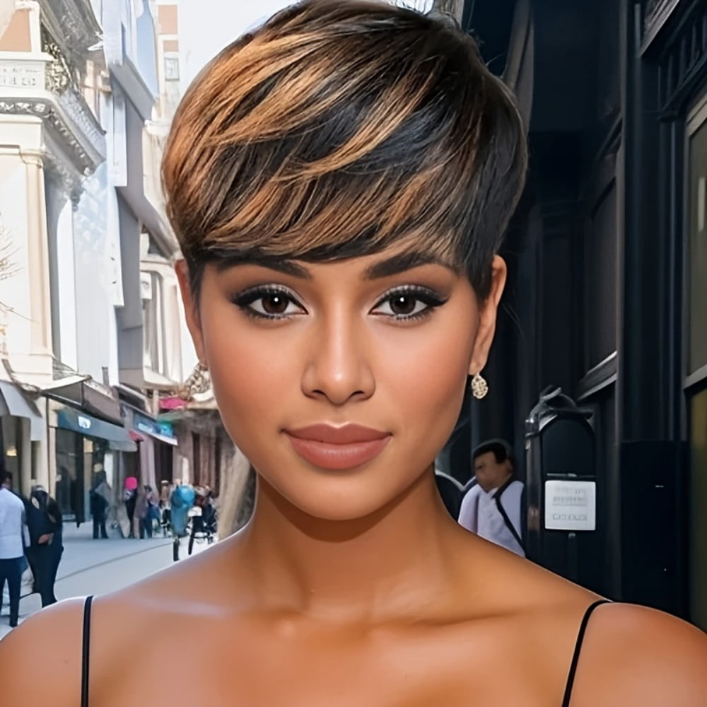 Short Straight Pixie Cut Wig Ombre 1B/30 Human Hair With Bangs 150% Density Full Machine Made Wigs For Women