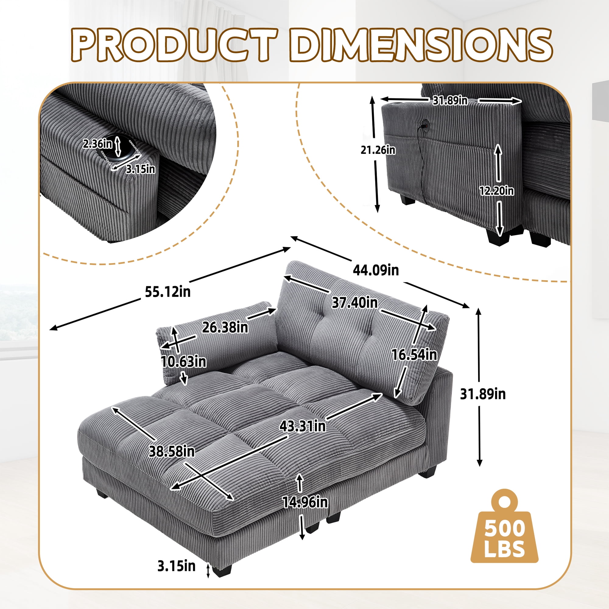 MOONMISS Corduroy Upholstered Soft Deep Seat Sleeper Sofa with USB,TYPE-C&2 Cup Holders-Gray
