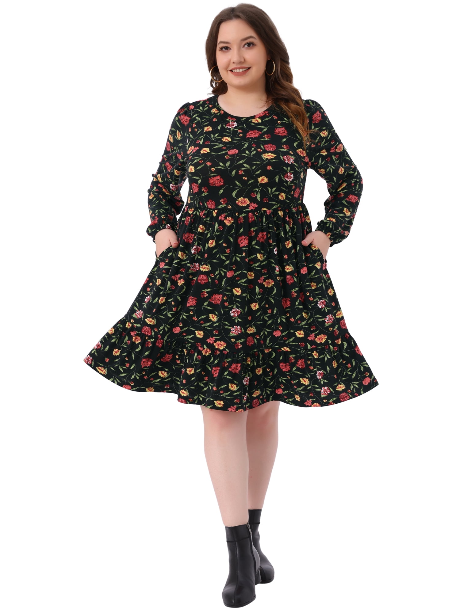 DARING DIVA Plus Size Long Sleeve Pleated Tiered Floral Dress 3X Black