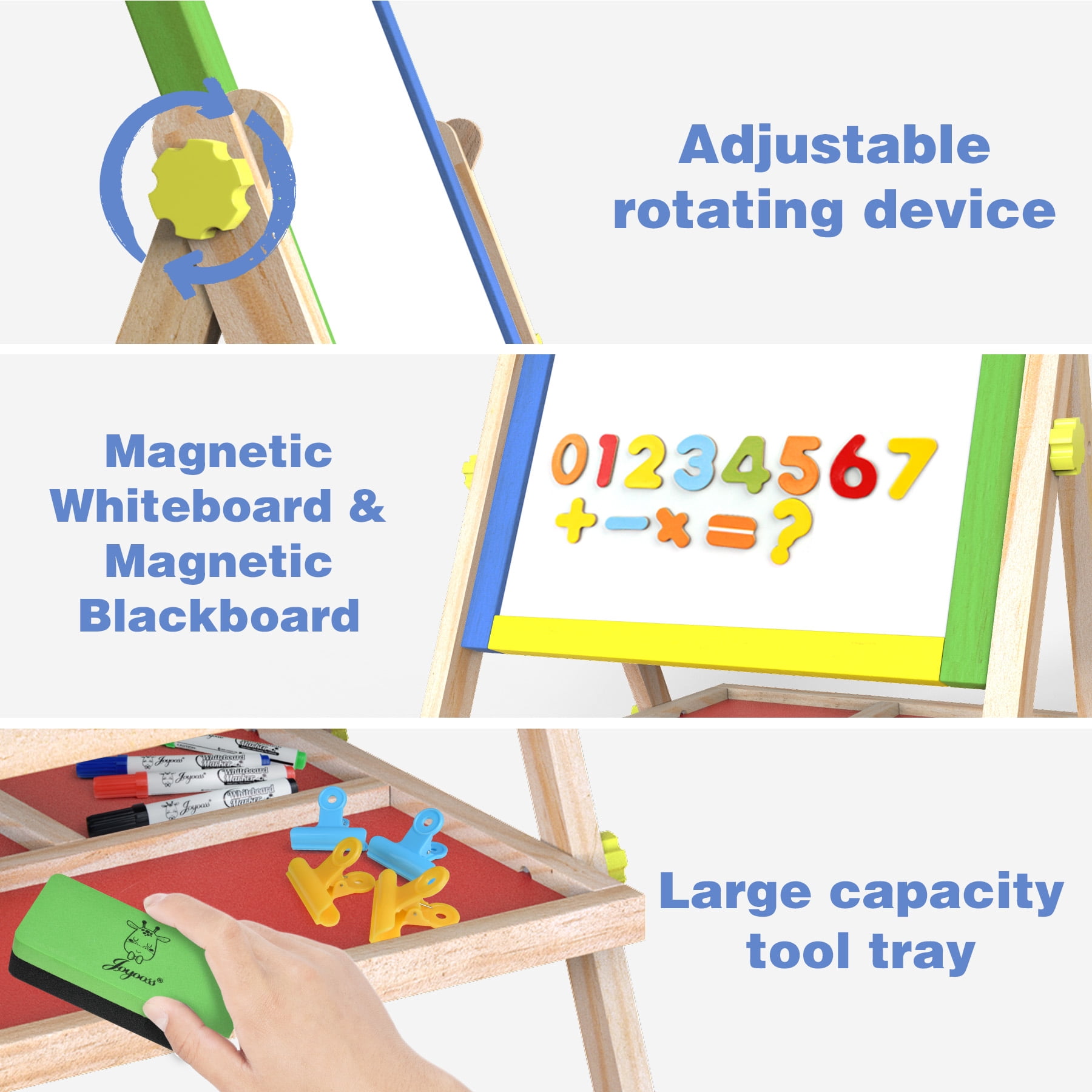 JOYOOSS 3-in-1 Kids Easel with Chalkboard & Whiteboard, Wooden Toddler Art Easel for Ages 4-12, Adjustable Magnetic Drawing Board with Markers & Eraser 105-Natural