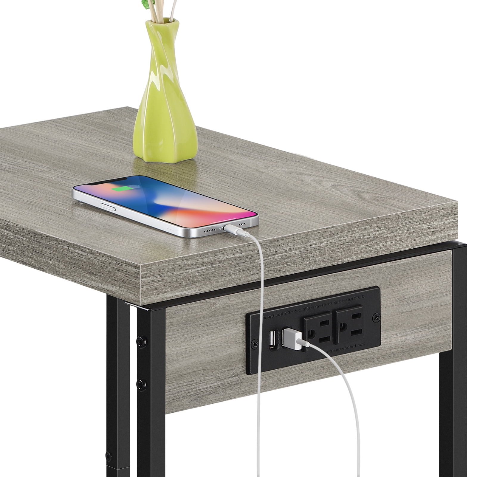 Set of 2 Nightstands Narrow Side Table End Table with USB Ports and Outlets, Gray