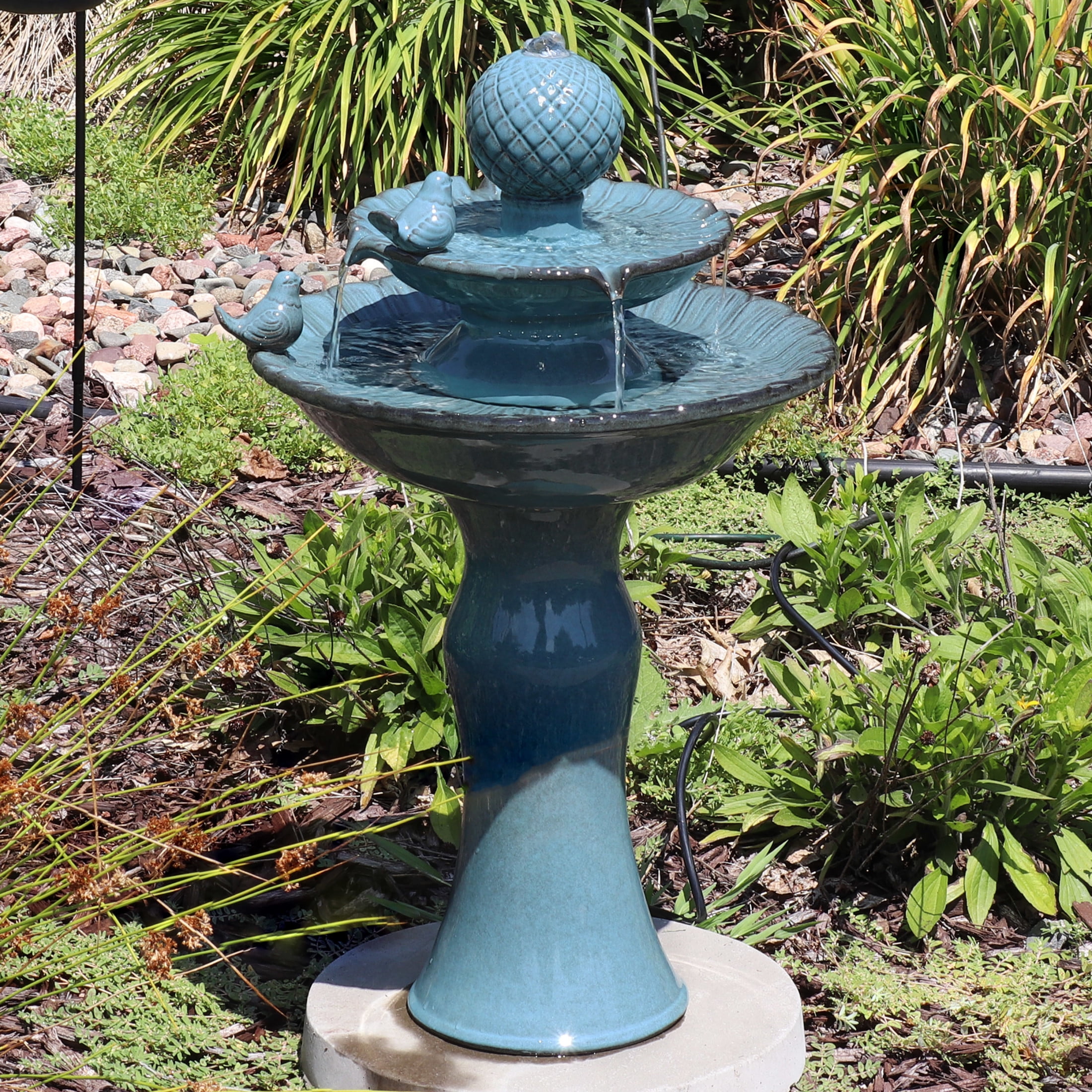Sunnydaze Resting Birds Contemporary Blue Ceramic 2-Tiered Outdoor Water Fountain