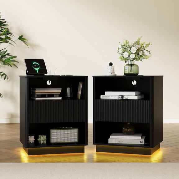 2 Pcs 1 Drawer Fluted Nightstand Set with Charging Station and LED Light Mid Century Modern Bedside Table Black