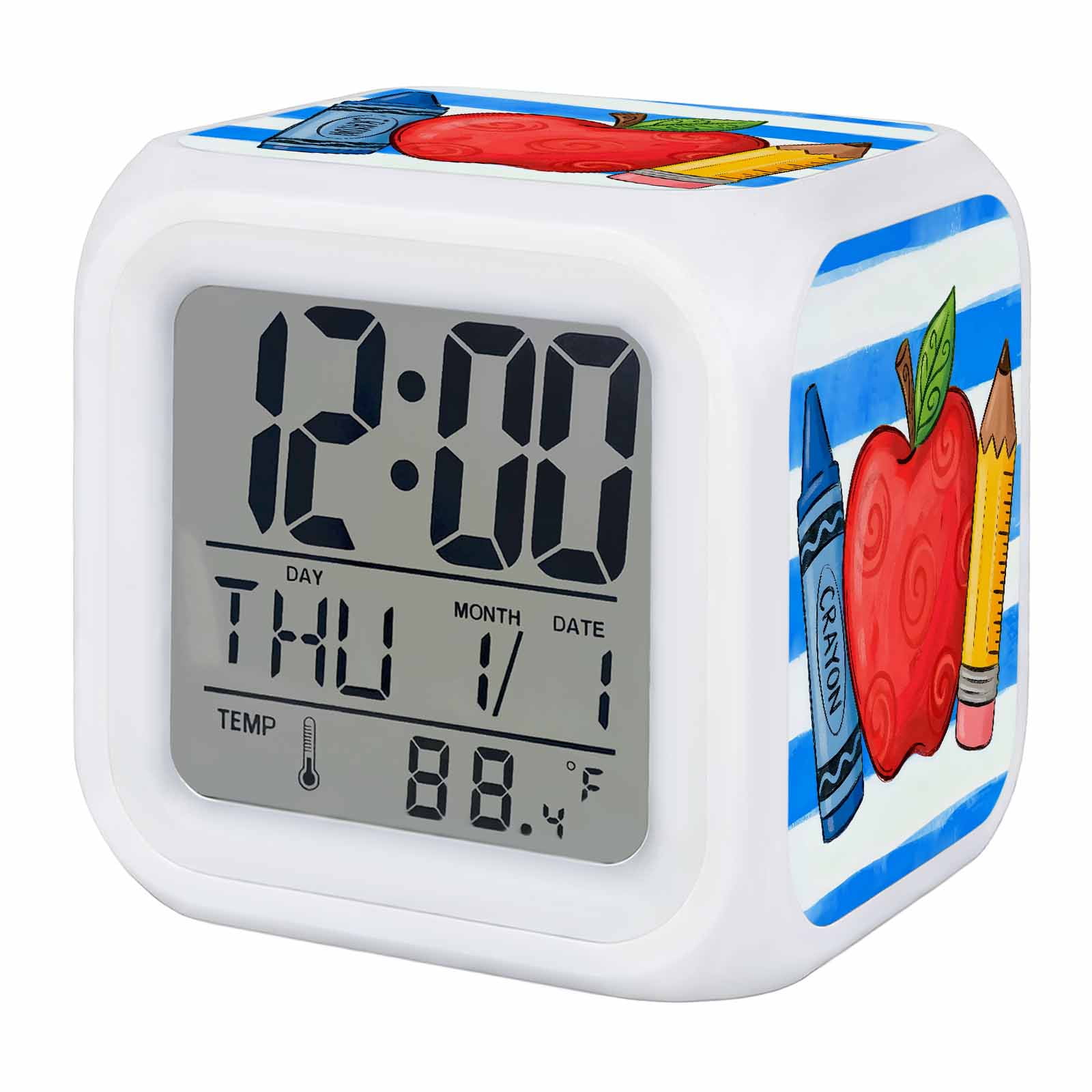 Red Fruit Alarm Clock, Crayon Pencil Blue Striped Childlike Cartoon Digital Clock Night Light with 7 Color, Calendar Temperature Display, LED Desk Small Clock for Bedrooms Bedside Living Room