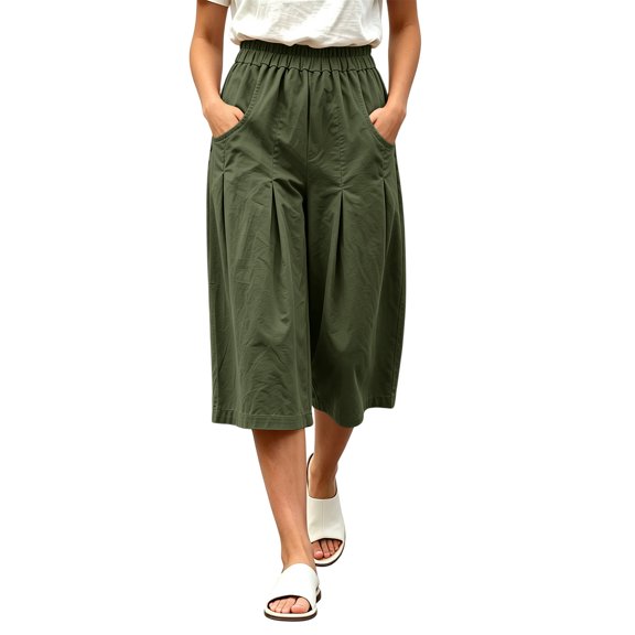 Guluxicc Women's Cotton Cropped Pants with Pockets Elastic Waist Wide Leg Capris for Everyday Wear Summer Casual Outfits