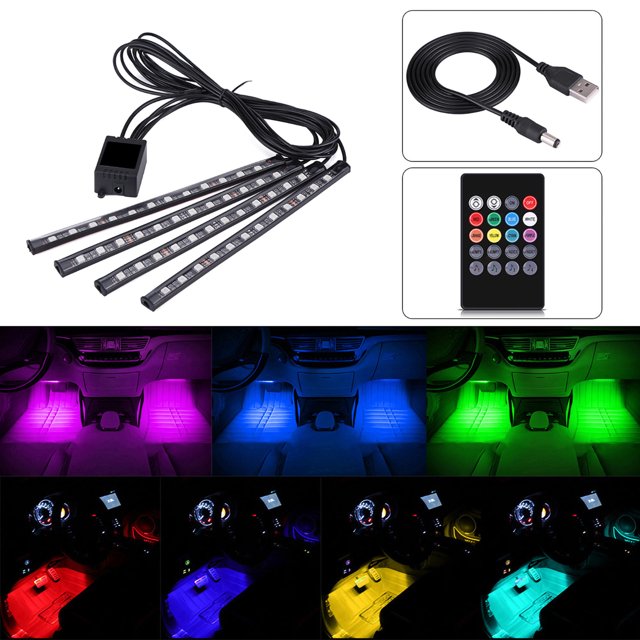 Tira de luces LED RGB para interior de coche, 5 V, 4 x 12 SMD, luz de ambiente para pies, control remoto