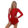 thumbnail image 5 of Miutii Women's Shiny Rhinestone Figure Skating Dress Mesh Sheer Long Sleeve Skirted Leotard Dancewear Red M, 5 of 8