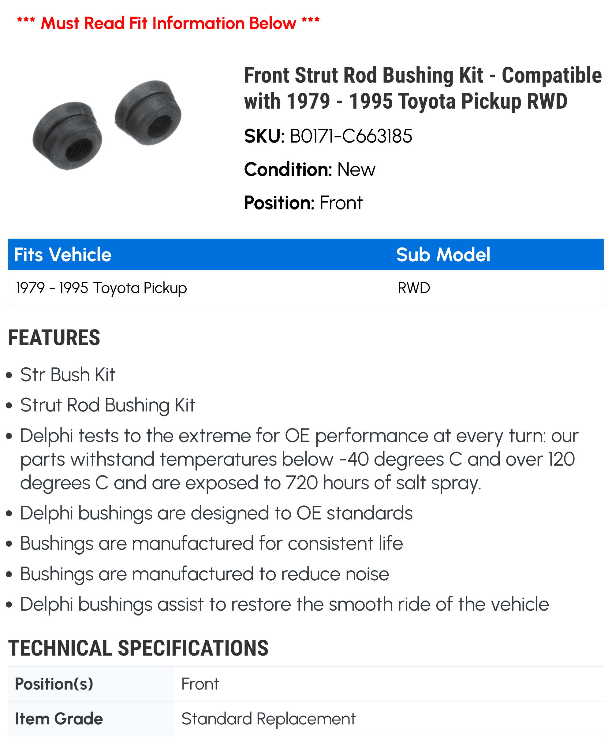 Strut Rod Bushing Front For 1979-1995 Toyota Pickup – Direct Fit Replacement Suspension Part