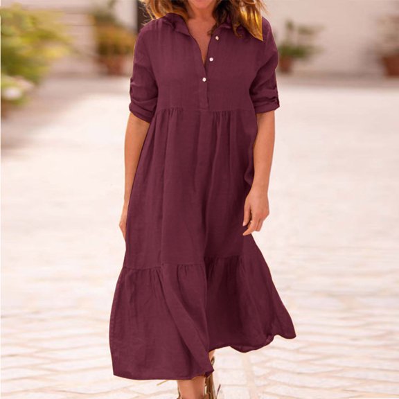 TaTaai Womens Dresses Long Sleeve Turndown Collar Solid Button Front Linen Blend Midi Dress Casual Lightweight Breathable for Fall