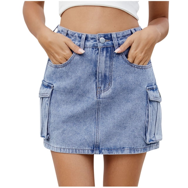 Women Denim Cargo Skirt Mini High Waist Button Bodycon Flap Pockets Short Jean Skirts Light Blue XXL