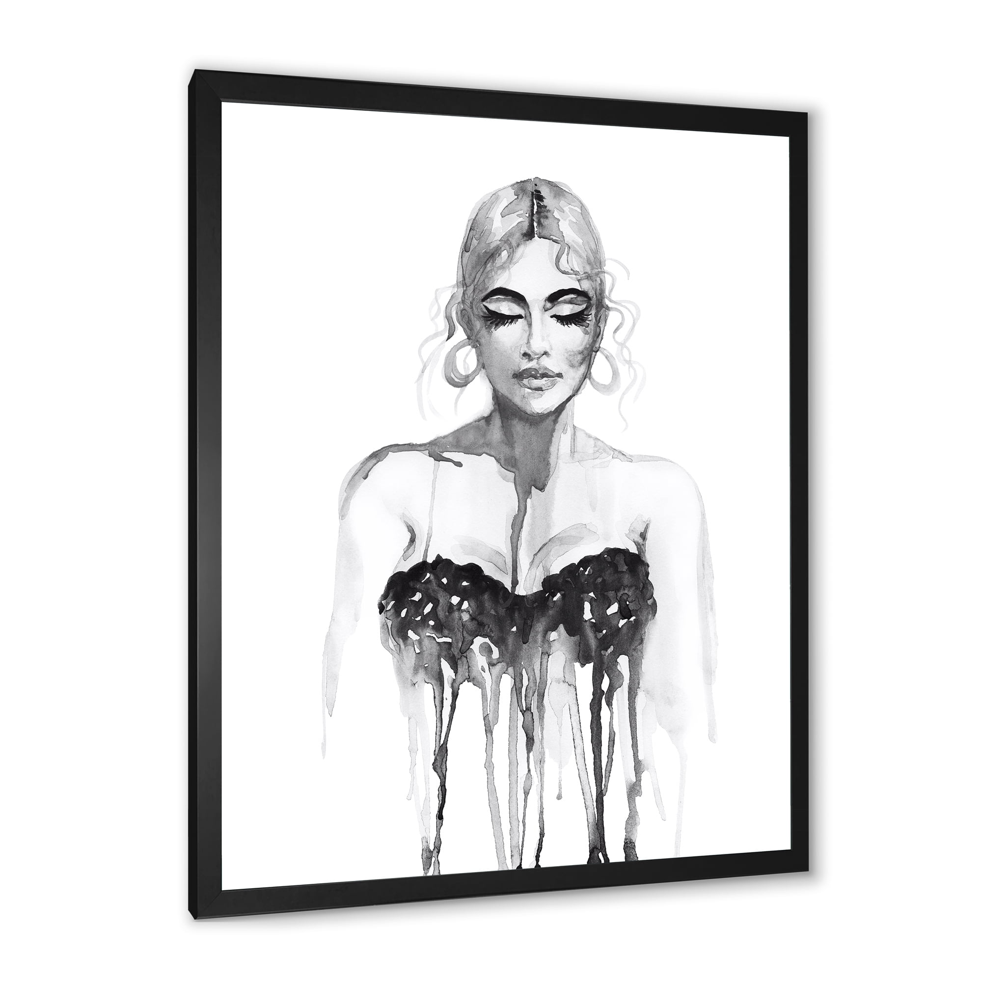 Black and White Portrait of Woman Wearing Evening Dress 30 in x 40 in Framed Painting Canvas Art Print, by Designart