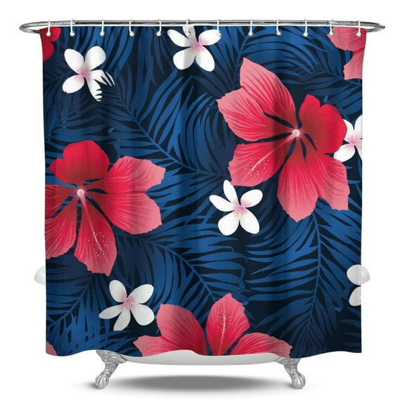 Tropical Floral Waterproof Shower Curtain with Hooks, Hawaiian Print and Jungle Leaves, Machine Washable Fabric, Perfect for Summer Beach and Resort Bathrooms