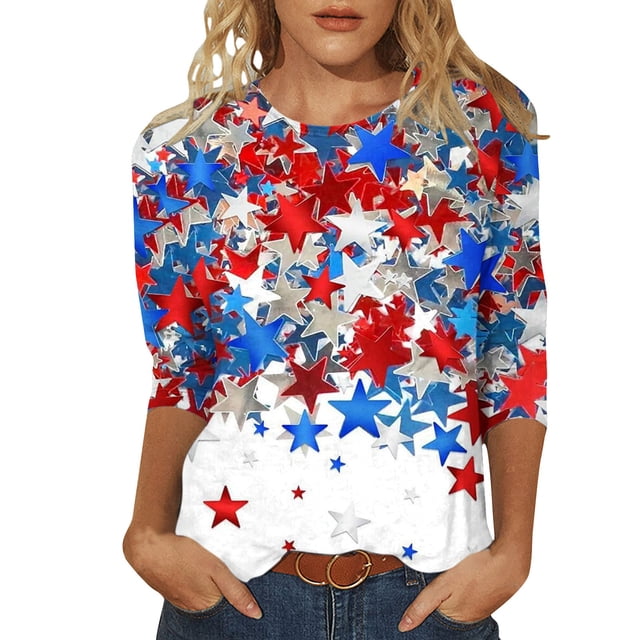 Camisetas de Manga Larga de las Mujeres Imprimir 3/4 Manga Cuello Redondo Blusa, Camiseta Casual para la Primavera Y el Verano