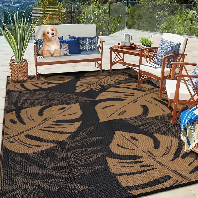 9x12FT Reversible Outdoor Rug – Waterproof Plastic Straw Patio Carpet with UV Resistance – Easy-Clean Mat Includes Portable Bag & 4 Stakes for RV, Beach, Deck & Camping – Black Brown