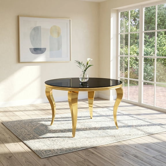 Round Glass Dining Table, S-Shaped Stainless Steel Legs, 47" Black Mirrored Tempered Glass Top, for Dining Rooms & Apartments