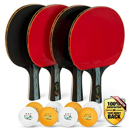 Elite Topspin Ping Pong Paddle Set - Professional 4-Player Table Tennis Racket kit Includes 4 Premium Wood Paddles, 8 Tournament 3-Star Balls, and Portable Storage case - Gift Bundle for The