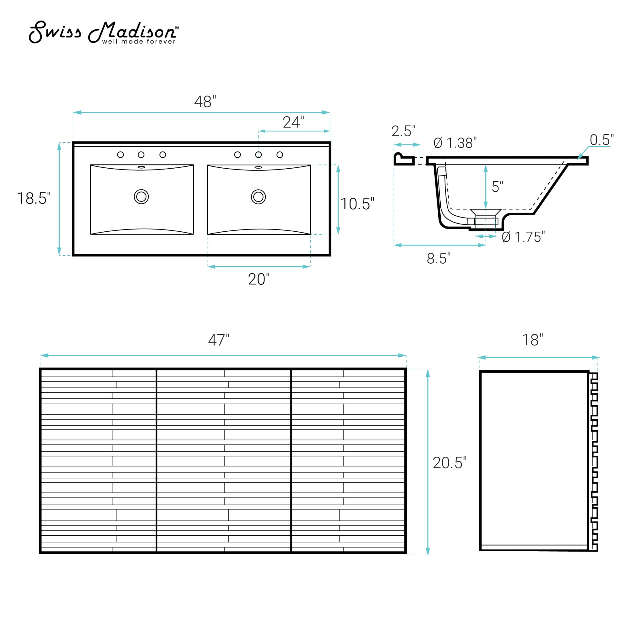 Cascade 48" Wall-Mounted Bathroom Vanity in White Oak with 3-Hole Widespread Double Basin Sink Top
