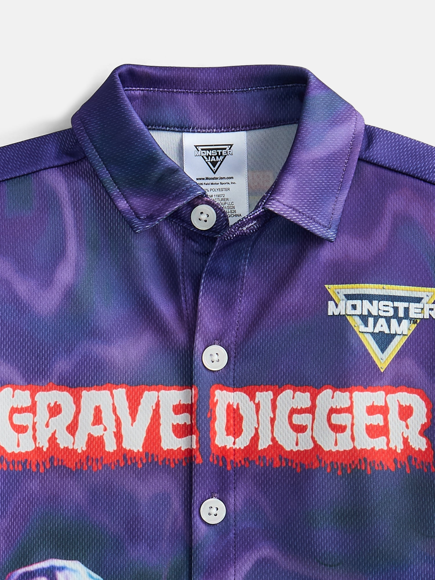Monster Jam Grave Digger Boys Button Shirt with Short Sleeves, Sizes 4-16
