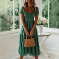 thumbnail image 5 of Women Dress Small Flower Print Patchwork A-line Flowy Hem Square Neck Short Bubble Sleeves Pleated Shirring Dating Vacation Midi Dress -Green,S, 5 of 8